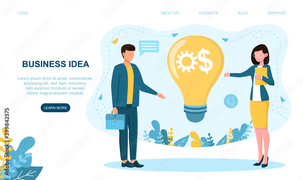 Business idea embody into real thing. Concept of creative teamwork, business success, investment opportunities. Website, web page, landing page template. Flat cartoon vector ilustration