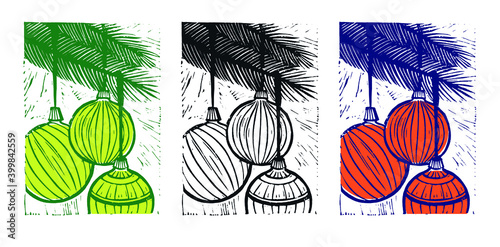 Christmas set of vector images of Christmas toys. Orange,yellow 
 and black Christmas toys. Hand print Christmas toys