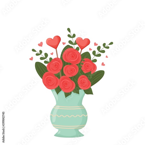 Wallpaper Mural Bouquet of roses in flower vase with leaves and hearts. Love, romantic or Valentine decoration isolated on white background stock vector illustration. Torontodigital.ca