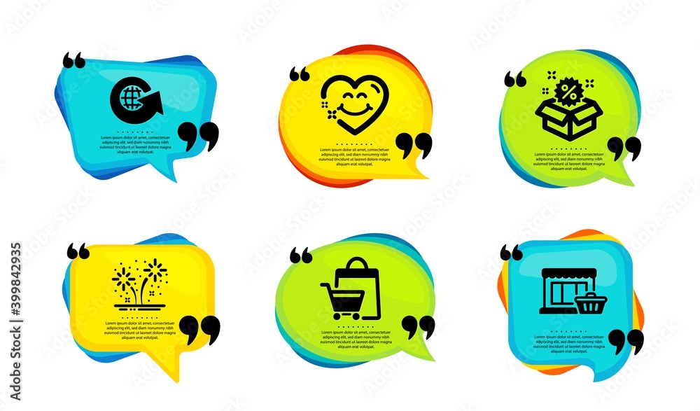 Fireworks, Sale and Smile face icons simple set. Speech bubble with quotes. Sale bags, World globe and Marketplace signs. Pyrotechnic salute, Discount, Love heart. Vector