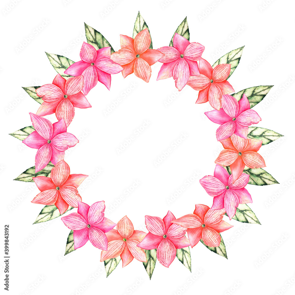 Flower and leaves wreath. Watercolor floral frame for your design, with place for your text. Romantic pink flowers
