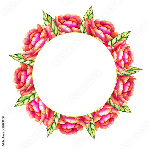 Flower wreath. Watercolor floral frame for your design  with place for your text. Beautiful peonies and leaves. 