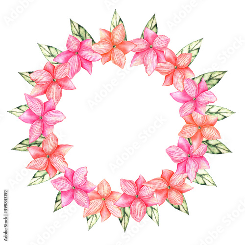 Flower and leaves wreath. Watercolor floral frame for your design  with place for your text. Romantic pink flowers 