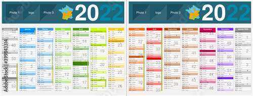 Calendrier 2022 14 mois avec vacances scolaires officielles au format 320 x 420 mm recto verso entièrement modifiable via calques et texte arial	