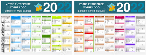 Calendrier 2022 14 mois avec vacances scolaires officielles au format 320 x 420 mm recto verso entièrement modifiable via calques et texte arial	