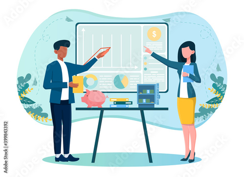 Two co-workers making money managment. Male and female characters looking at infographics on board. Finance charts and diagrams. Flat cartoon vector illustration