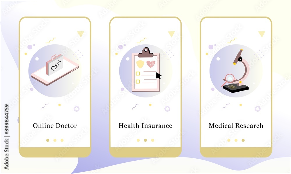 Application design set for Online Doctor, Health Insurance, Medical Research. UI onboarding screens design. Mobile app 3D isometric template web site. Modern vector illustrations for user interface. Application design set for Online Doctor, Health Insurance, Medical Research. UI onboarding screens design. Mobile app 3D isometric template web site. Modern vector illustrations for user interface.