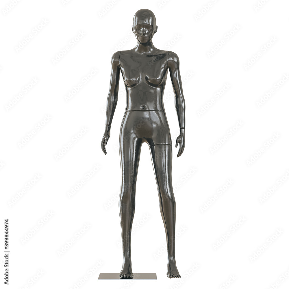Abstract black plastic human body mannequin over white background. Relax standing pose. 3D rendering illustration