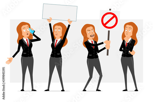 Cartoon flat funny redhead business woman character in black suit with red tie. Girl talking on phone and holding no entry stop sign. Ready for animation. Isolated on gray background. Vector set.
