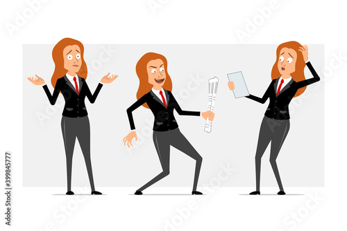 Cartoon flat redhead business woman character in black suit with red tie. Girl misunderstanding, reading note and carrying newspaper. Ready for animation. Isolated on gray background. Vector set.