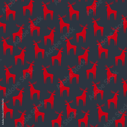 Christmas seamless pattern with red deer on dark blue background. Christmas and New Year pattern  perfect for wrapping paper  textiles  cards  invitations  posters
