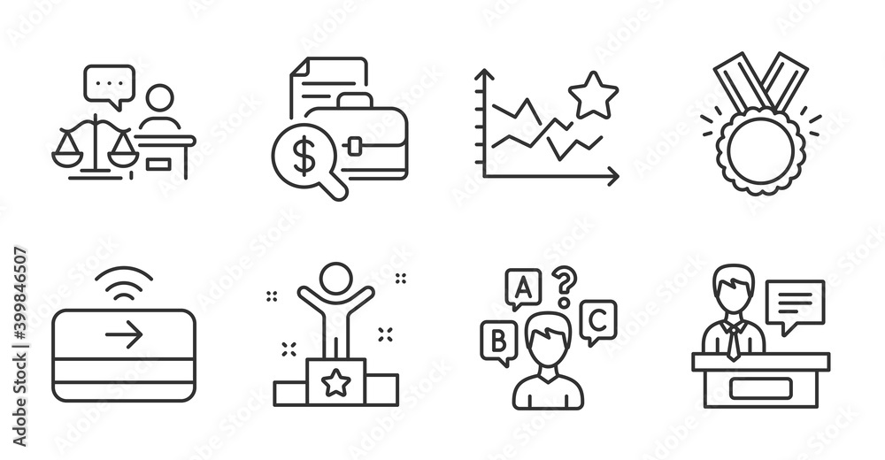 Accounting report, Exhibitors and Contactless payment line icons set. Quiz test, Ranking stars and Winner signs. Honor, Court judge symbols. Quality line icons. Accounting report badge. Vector