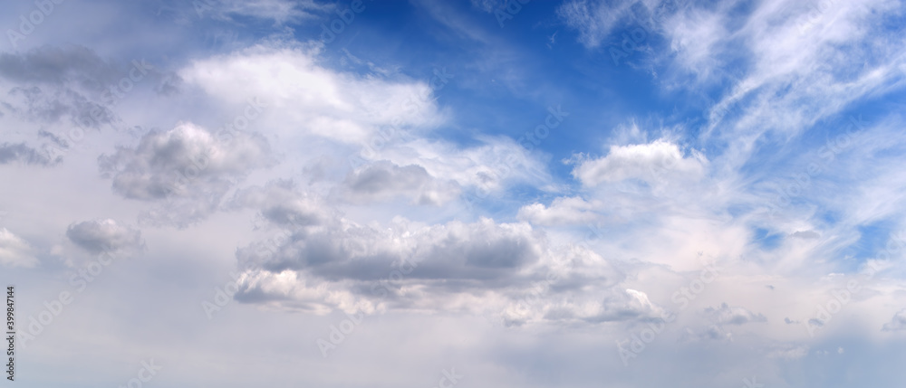 Panoramic view of afternoon blue sky with white clouds.