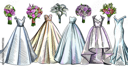 Colorful watercolor set of wedding dresses and bouquets. Wedding gowns. Pink, yellow, blue, light blue dresses. Bridesmaids dresses