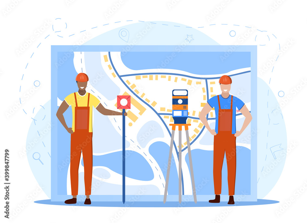 Two male geodesy representatives. Land surveying technology. Equipment for engineering and topography. Men with compass and map. Flat cartoon vector illustration