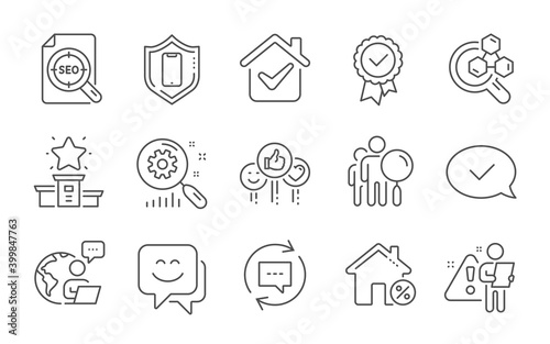 Smartphone protection, Loan house and Tested stamp line icons set. Winner podium, Search statistics and Approved message signs. Seo file, Like and Smile face symbols. Line icons set. Vector