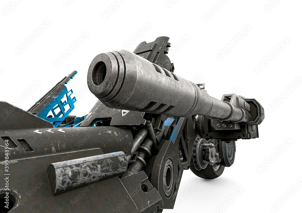 Fototapeta premium close up on the machine gun of the three wheel war machine on white background