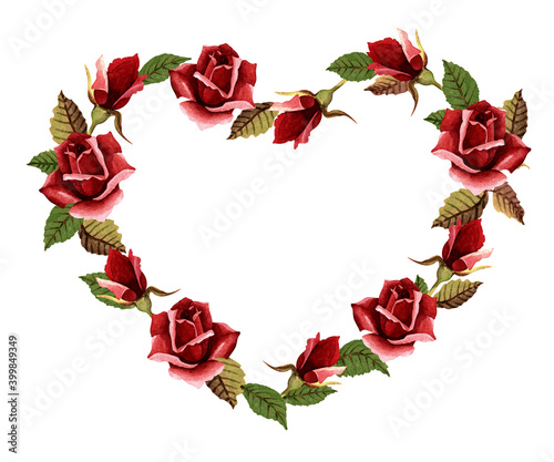 Heart frame for Valentine's Day. Watercolor roses, floral frame. Design idea for postcard, poster, scrapbooking
