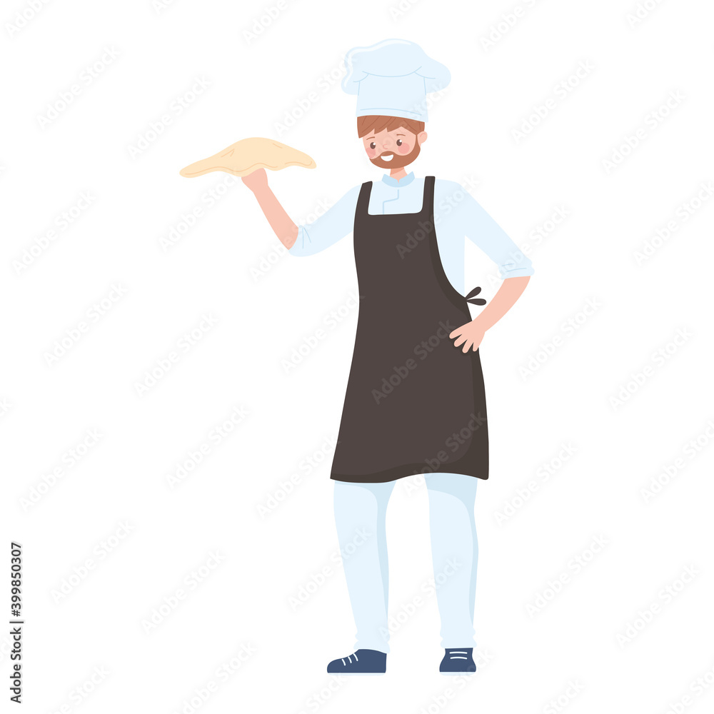 young chef holds bakery dough for preparing pizza