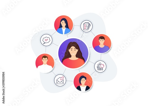 Set of Technology icons, such as Approved, Search people, Survey checklist symbols. Online team work banner. Employee remote job. Open mail line icons. Comic message, Find employee, Report. Vector