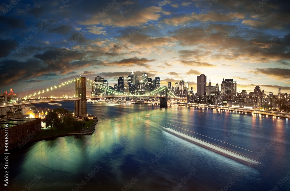 Fototapeta premium night, bridge, city, skyline, manhattan, river, brooklyn, cityscape, new york, water, architecture, brooklyn bridge, urban, downtown, building, sunset, new york city, skyscraper, reflection, buildings