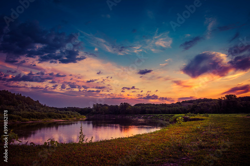 sky, sunset, golden hour, river, pond, open spaces, cliff, trees