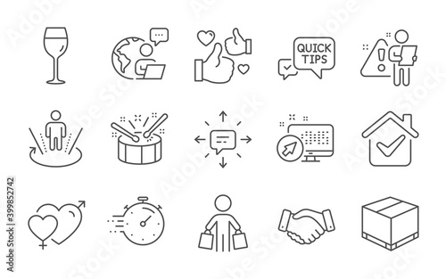 Web system, Male female and Delivery box line icons set. Augmented reality, Wine glass and Quick tips signs. Drums, Timer and Buyer symbols. Employees handshake, Like and Sms. Line icons set. Vector