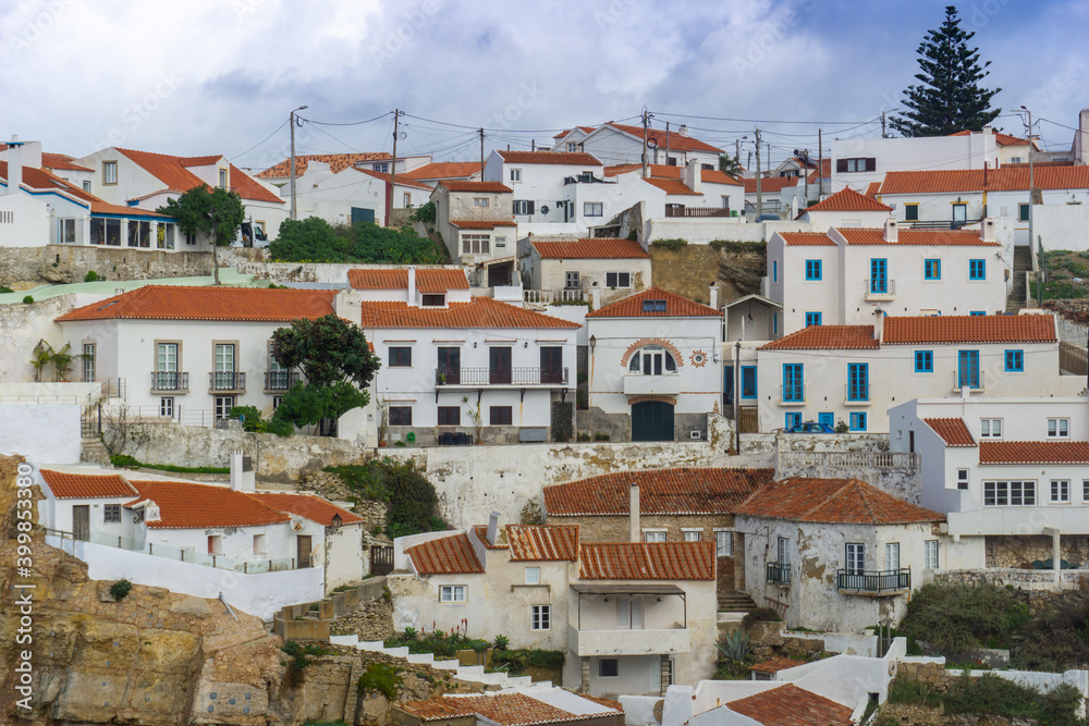 close up view of cliffside village of Azenhas do Mar in central Portugal