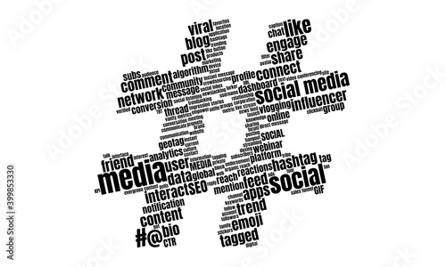Black on white word cloud about Social Media in the shape of a hashtag