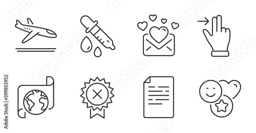 Love mail, Chemistry pipette and Smile line icons set. Translation service, Touchscreen gesture and Document signs. Reject medal, Arrivals plane symbols. Quality line icons. Love mail badge. Vector