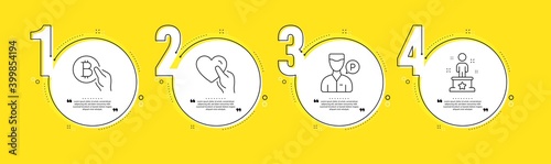 Bitcoin pay, Hold heart and Valet servant line icons set. Timeline process infograph. Success sign. Cryptocurrency coin, Friendship, Parking man. Winner person. People set. Vector