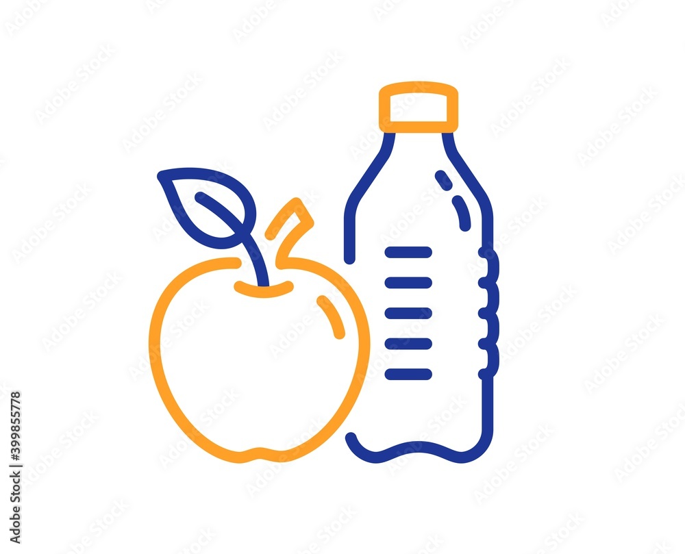 Obraz premium Healthy food and drink line icon. Water with apple sign. Gym fit bottle symbol. Quality design element. Line style healthy food icon. Editable stroke. Vector