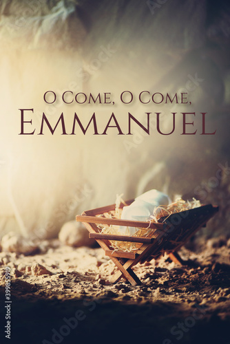 Christian Christmas concept. Birth of Jesus Christ. Wooden manger in cave background. Banner, copy space. Nativity scene symbol. Jesus is reason for season. Salvation, Messiah, Emmanuel, God with us