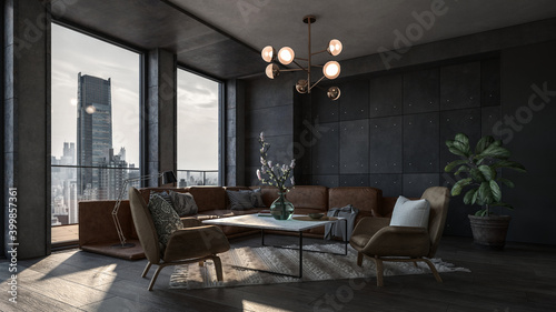 Modern interior of a living room. Penthouse Loft with dark stone walls (3d Rendering)