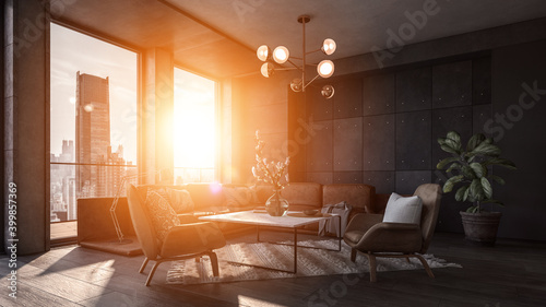 Modern interior of a living room. Penthouse Loft with dark stone walls (3d Rendering)