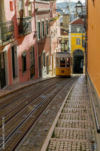 view of the Gloria Funicular in downtown Lisbon