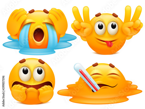 Collection of stickers fo smartphone application. Set of four emoji cartoon characters in various emotions.