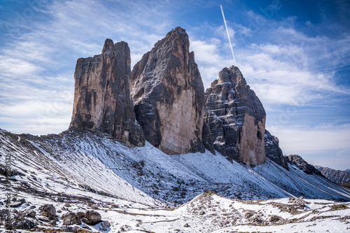 view on three peaks of lavaredo mountains in italy during winter photo