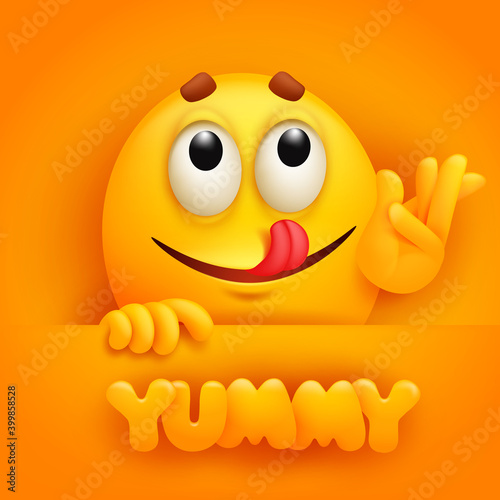 Yummy card. Cute emoji cartoon character on yellow backround