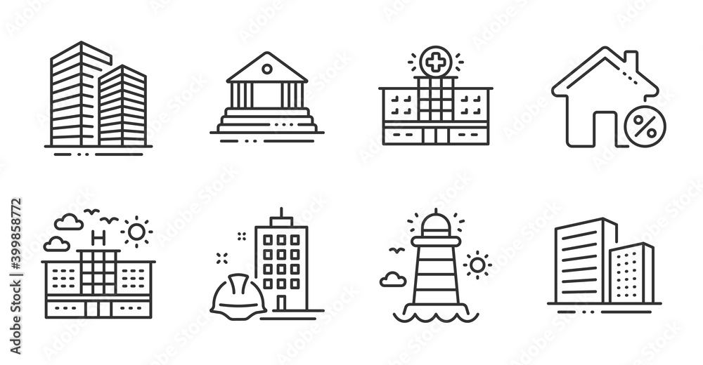 Hospital building, Hotel and Court building line icons set. Skyscraper buildings, Loan house and Lighthouse signs. Buildings symbol. Medical help, Travel, Government house. Buildings set. Vector