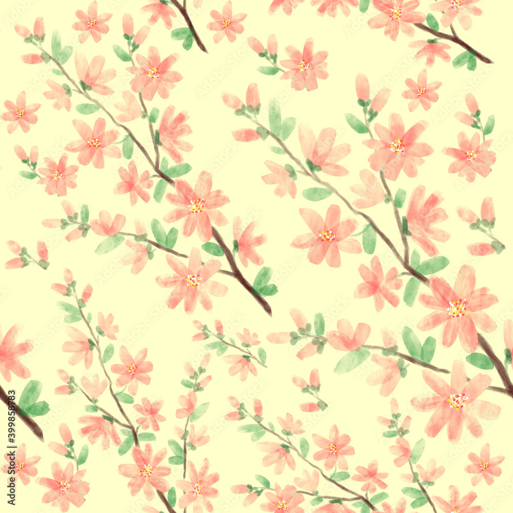 Spring blossom romantic pattern on yellowish background