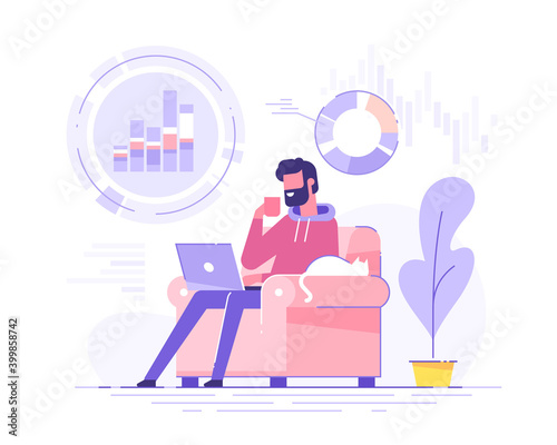 Handsome businessman analyzing data on his laptop in home interior. Data science concept. Business charts and diagrams. Remore work and freelance. Quarantine. Modern vector illustration.