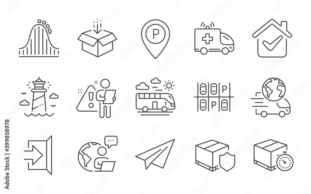 Fototapeta premium Exit, Lighthouse and Delivery timer line icons set. Bus travel, Delivery service and Ambulance car signs. Parking, Parking place and Paper plane symbols. Get box, Roller coaster. Vector