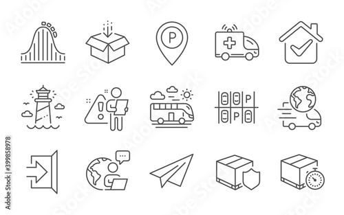 Exit, Lighthouse and Delivery timer line icons set. Bus travel, Delivery service and Ambulance car signs. Parking, Parking place and Paper plane symbols. Get box, Roller coaster. Vector