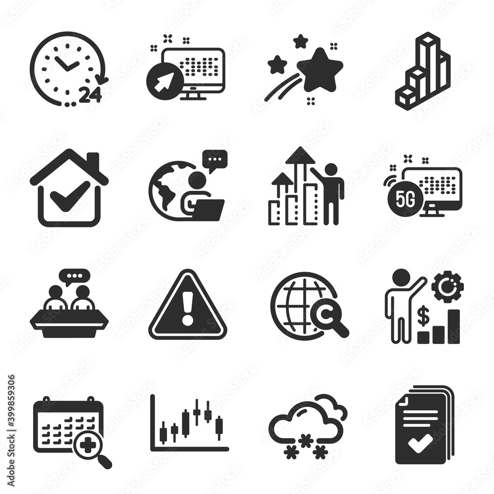Set of Science icons, such as 24 hours, Employees wealth, Snow weather symbols. 3d chart, 5g internet, Candlestick graph signs. International Copyright, Employees talk, Medical calendar. Vector Set of Science icons, such as 24 hours, Employees wealth, Snow weather symbols. 3d chart, 5g internet, Candlestick graph signs. International Copyright, Employees talk, Medical calendar. Vector