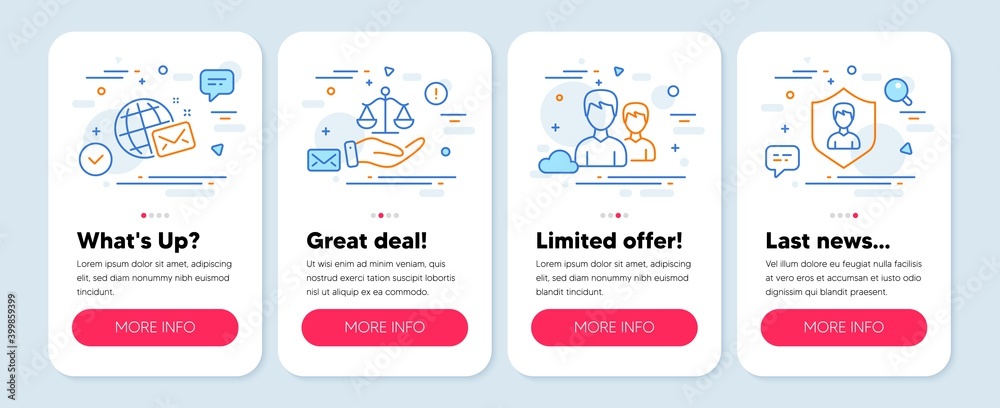 Set of People icons, such as Couple, World mail, Justice scales symbols. Mobile screen mockup banners. Security agency line icons. Two male users, Chat, Judgement. People protection. Vector Set of People icons, such as Couple, World mail, Justice scales symbols. Mobile screen mockup banners. Security agency line icons. Two male users, Chat, Judgement. People protection. Vector