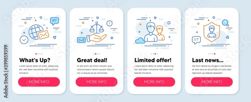 Set of People icons, such as Couple, World mail, Justice scales symbols. Mobile screen mockup banners. Security agency line icons. Two male users, Chat, Judgement. People protection. Vector