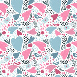Seamless pattern for Valentine's Day in doodle style. Multicolored hearts, birds, flowers and envelopes on a white background.