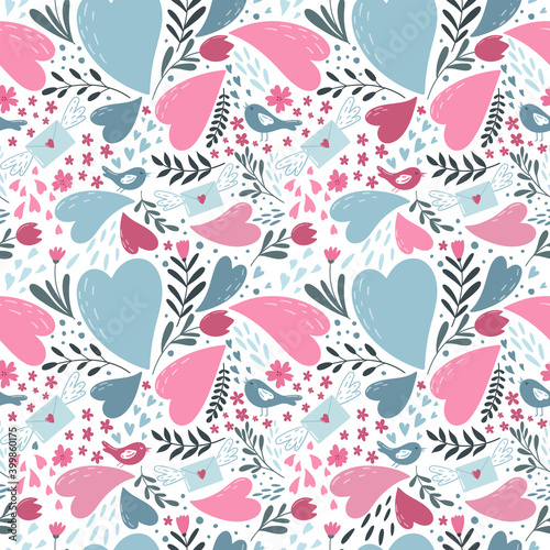 Seamless pattern for Valentine's Day in doodle style. Multicolored hearts, birds, flowers and envelopes on a white background.