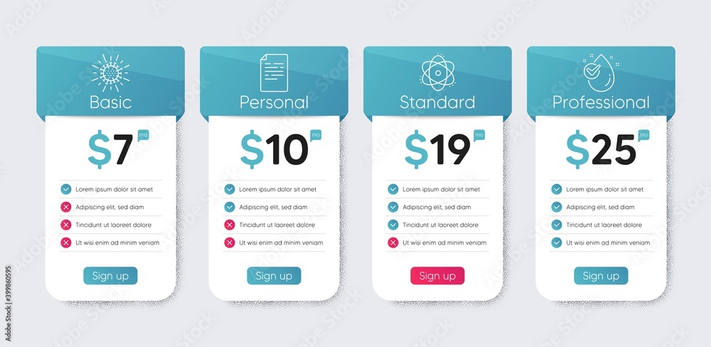 Coronavirus, Atom and Document line icons set. Price table chart, business plan template. Water drop sign. Infection, Electron, Page file. Clean aqua. Science set. Price table chart. Vector